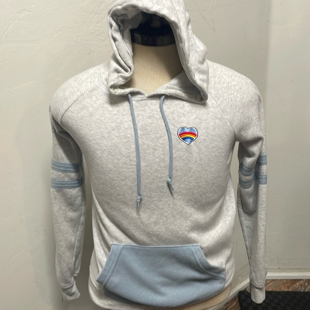 light gray hoodie with rainbow heart size small